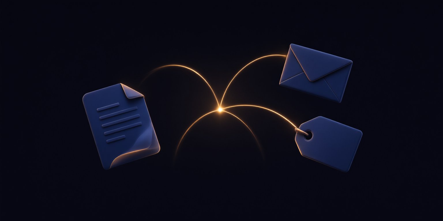 One prompt branching into a page, an email and a tag, symbolizing conversational setup inside one dashboard.