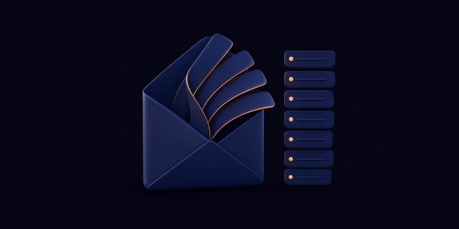 Envelope and tag column symbolizing an email-first workflow where AI handles subject lines and subscriber tagging.