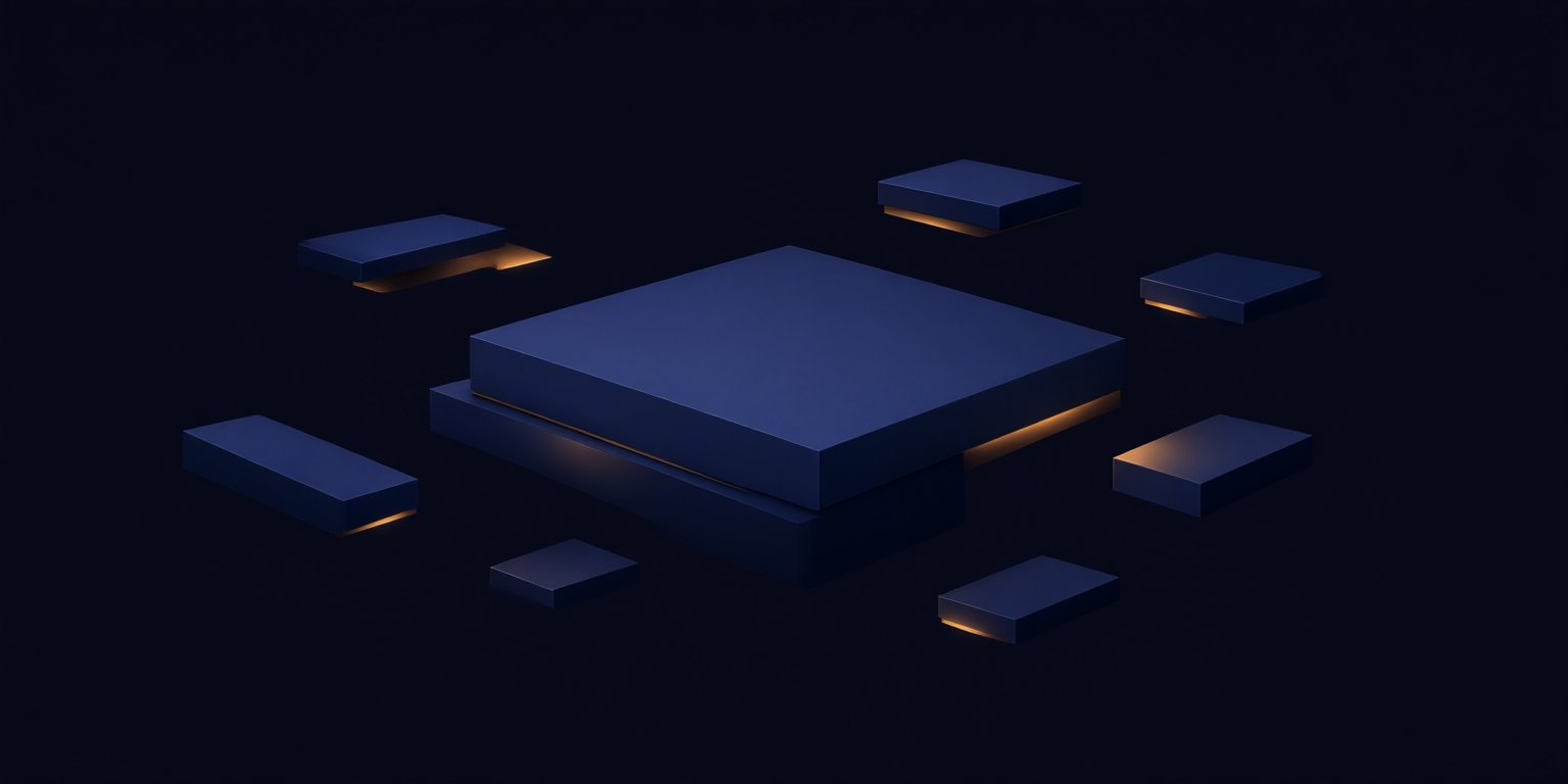 Elevated slab with orbiting ledges representing one hub managing many client accounts.