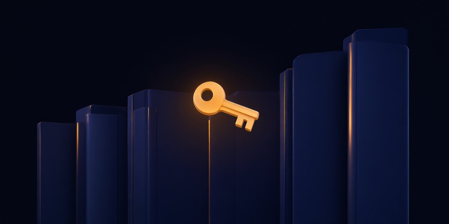 Abstract illustration of one key facing a row of locked panels, symbolizing plan-by-plan feature gates.