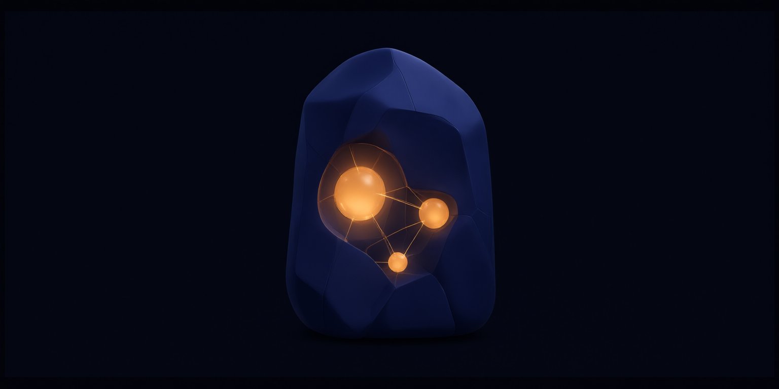 Abstract monolith with embedded glowing nodes, symbolizing AI built into a single all-in-one platform.