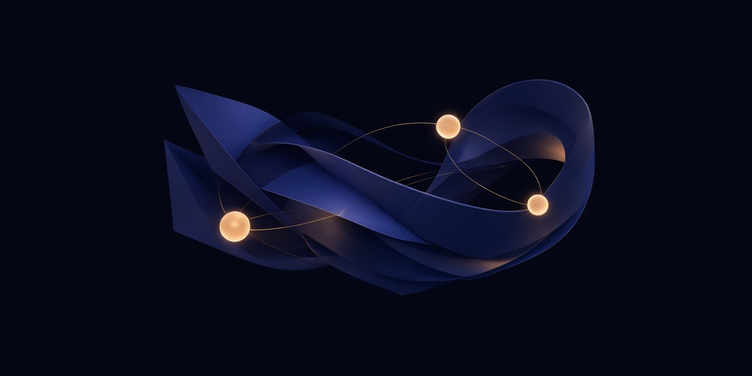 Abstract ribbon and orbs motif representing AI-assisted email writing connected to subscriber workflows.