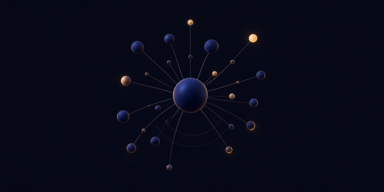 Abstract hub with branching arms and a meter arc, symbolizing AI agents answering across many channels with usage limits.